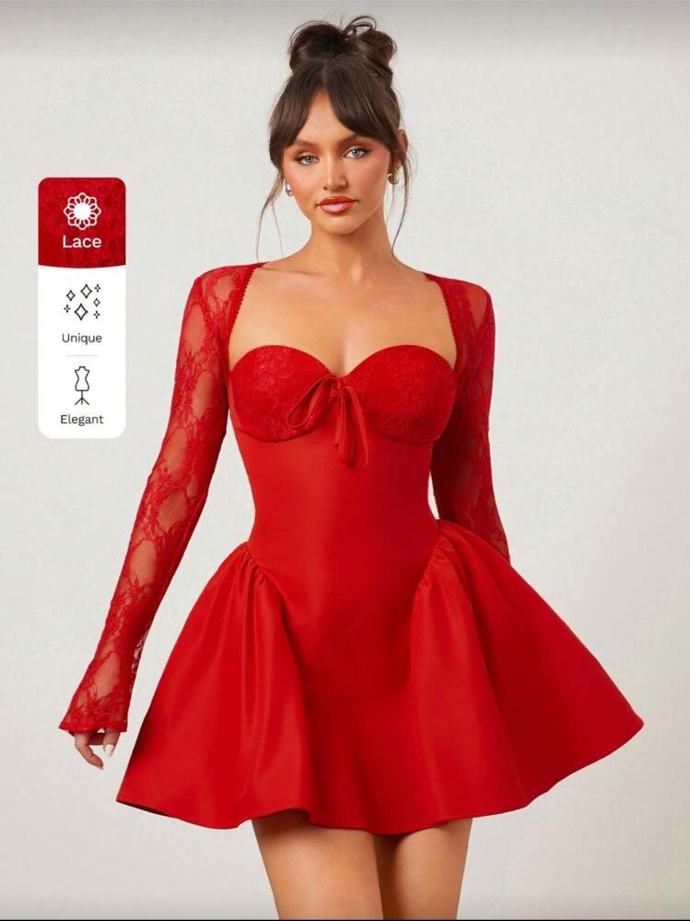 Red Lace Long-Sleeve Sweetheart Mini Dress
